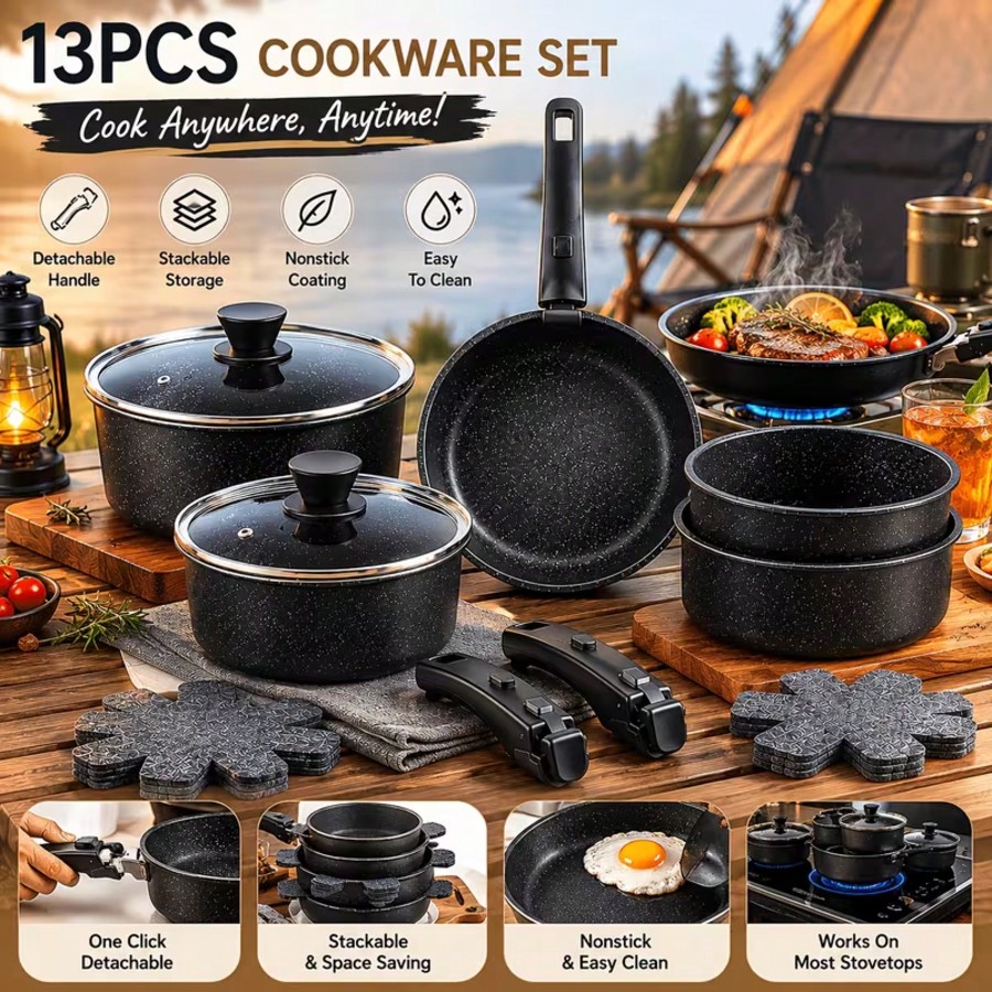 Camping Cooking Pots And Pans Set - Conjunto de Utensílios de Cozinha Antiaderentes