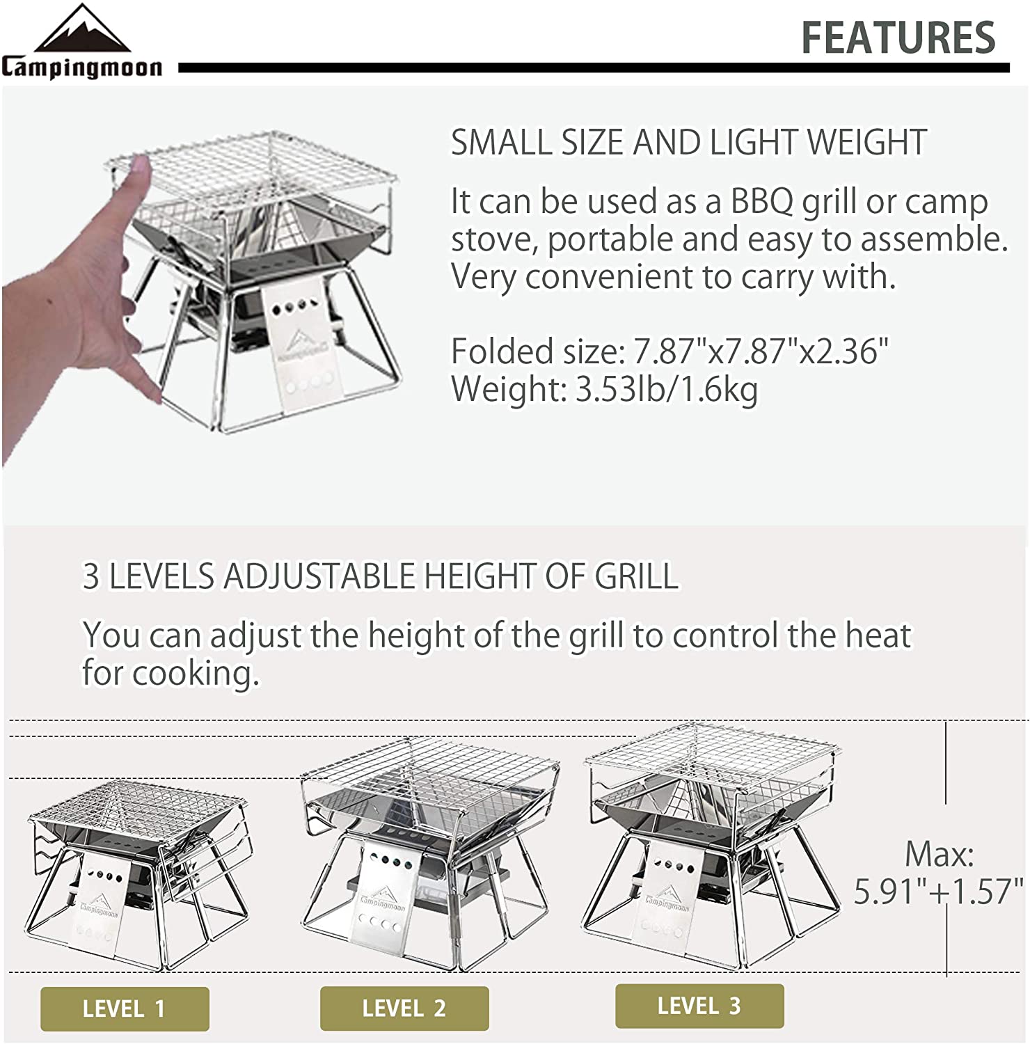 Campingmoon-Vertical ajustável - Camping Cooking Grate avaliação e preço